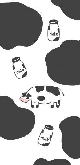 [2436x1125]卡通 奶牛 牛奶 黑白 苹果手机动漫壁纸图片