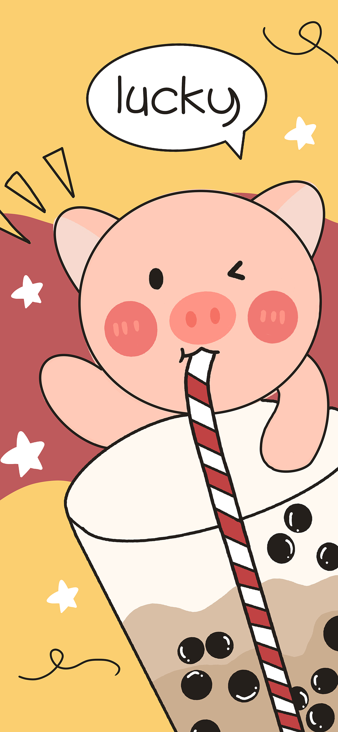 [2436×1125]卡通 奶茶 可爱 lucky 猪 苹果手机动漫壁纸图片