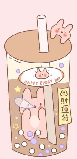 [2436x1125]卡通 奶茶 小兔子 财运符 苹果手机动漫壁纸图片