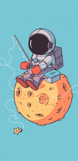 [2436x1125]卡通 宇航员 星球 垂钓 趣味 苹果手机动漫壁纸图片