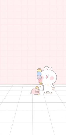 [2436x1125]卡通 小兔子 冰淇淋 小猪 苹果手机动漫壁纸图片