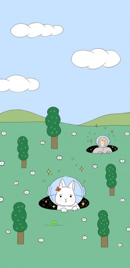 [2436x1125]卡通 小兔子 女孩 星星 苹果手机动漫壁纸图片