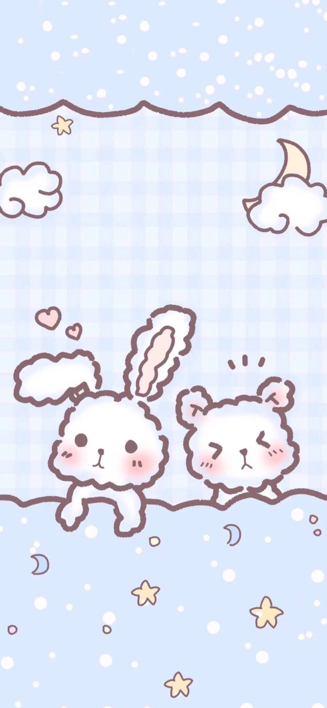 [2436×1125]卡通 小兔子 小熊 星星 苹果手机动漫壁纸图片