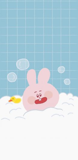 [2436x1125]卡通 小兔子 小黄鸭 沐浴 泡泡 苹果手机动漫壁纸图片