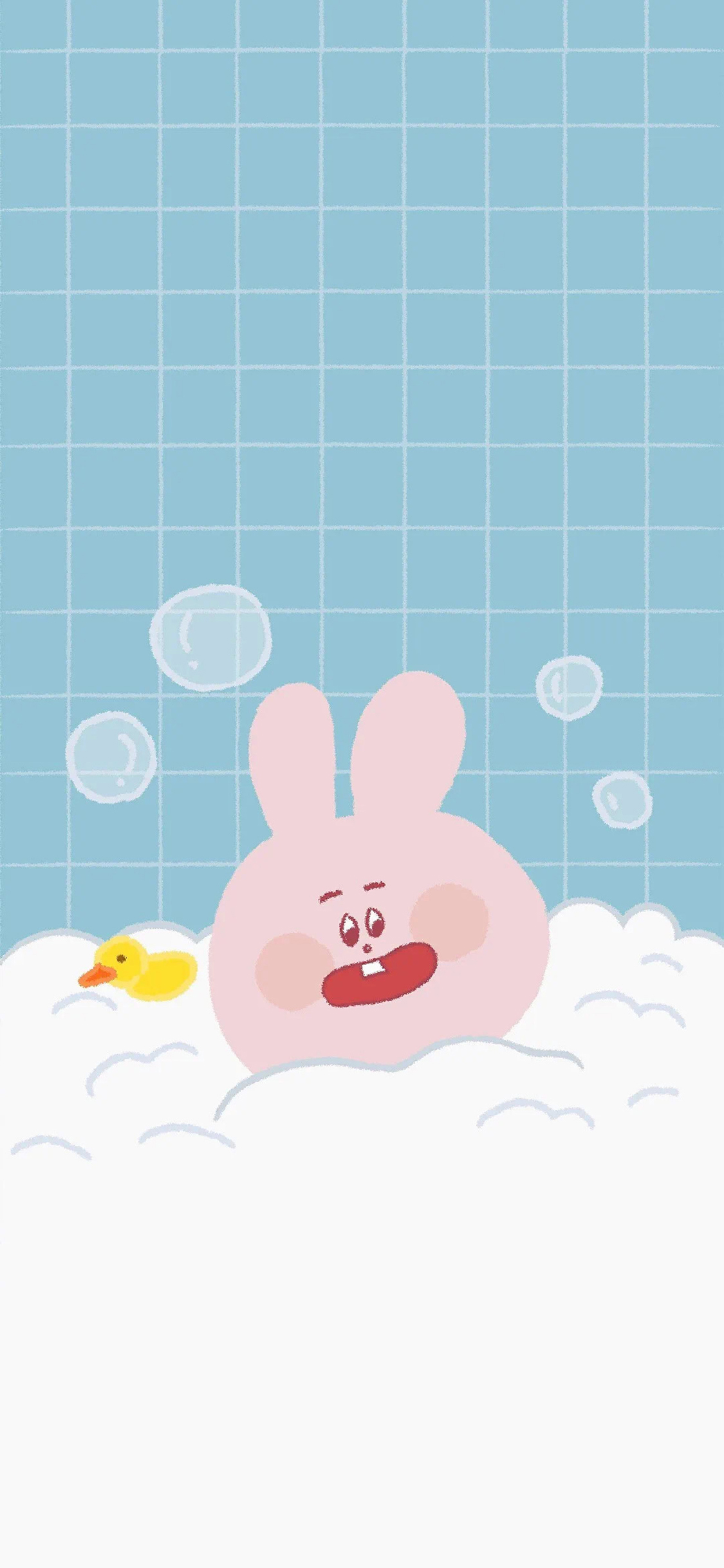 [2436×1125]卡通 小兔子 小黄鸭 沐浴 泡泡 苹果手机动漫壁纸图片