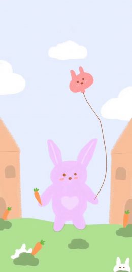 [2436x1125]卡通 小兔子 气球 胡萝卜 苹果手机动漫壁纸图片