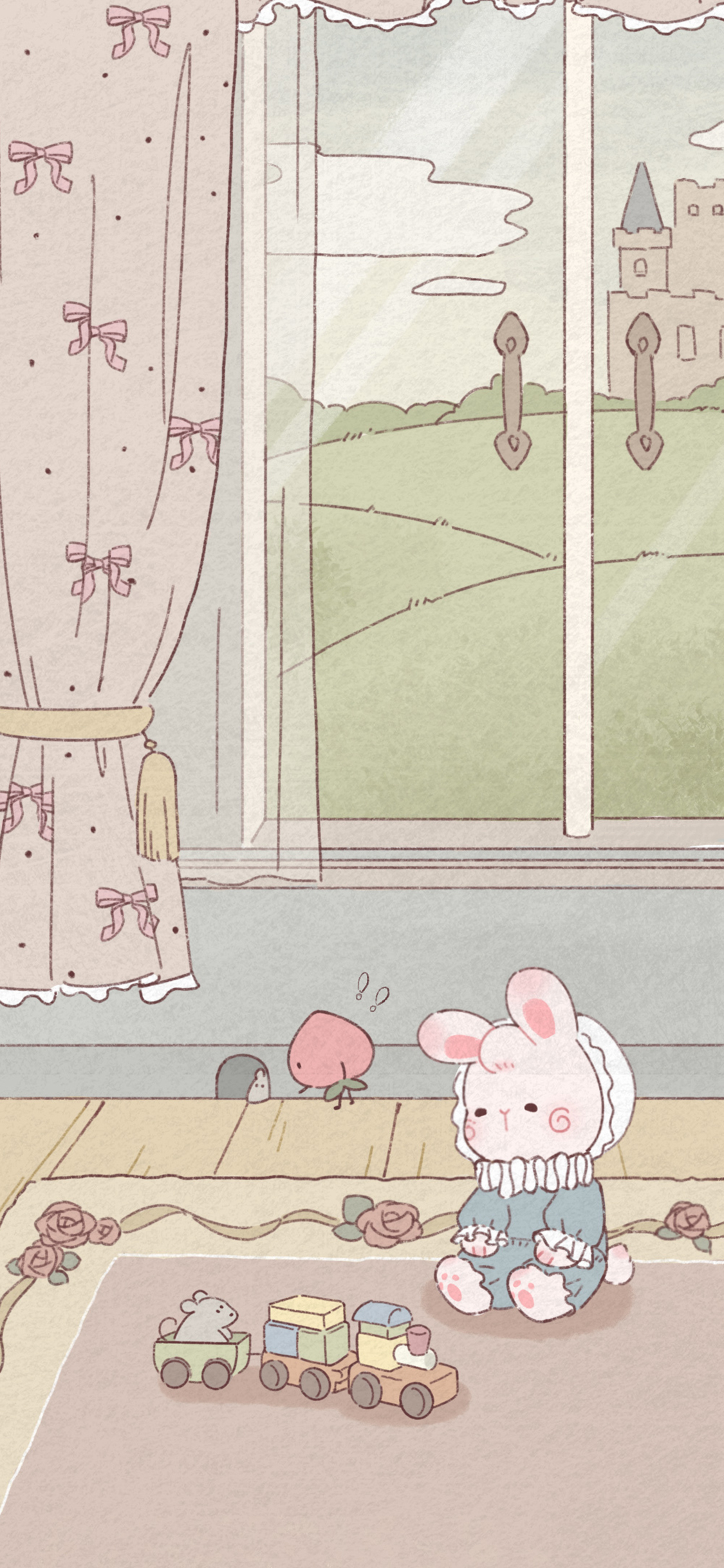 [2436×1125]卡通 小兔子 火车 清新 苹果手机动漫壁纸图片