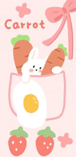 [2436x1125]卡通 小兔子 煎蛋 胡萝卜 草莓 苹果手机动漫壁纸图片