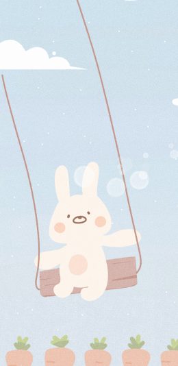 [2436x1125]卡通 小兔子 荡秋千 胡萝卜 苹果手机动漫壁纸图片