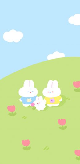 [2436x1125]卡通 小兔子 蓝天 草地 苹果手机动漫壁纸图片