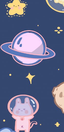 [2436x1125]卡通 小兔纸 行星 星星 苹果手机动漫壁纸图片