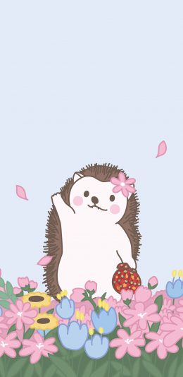 [2436x1125]卡通 小刺猬 鲜花 可爱 苹果手机动漫壁纸图片