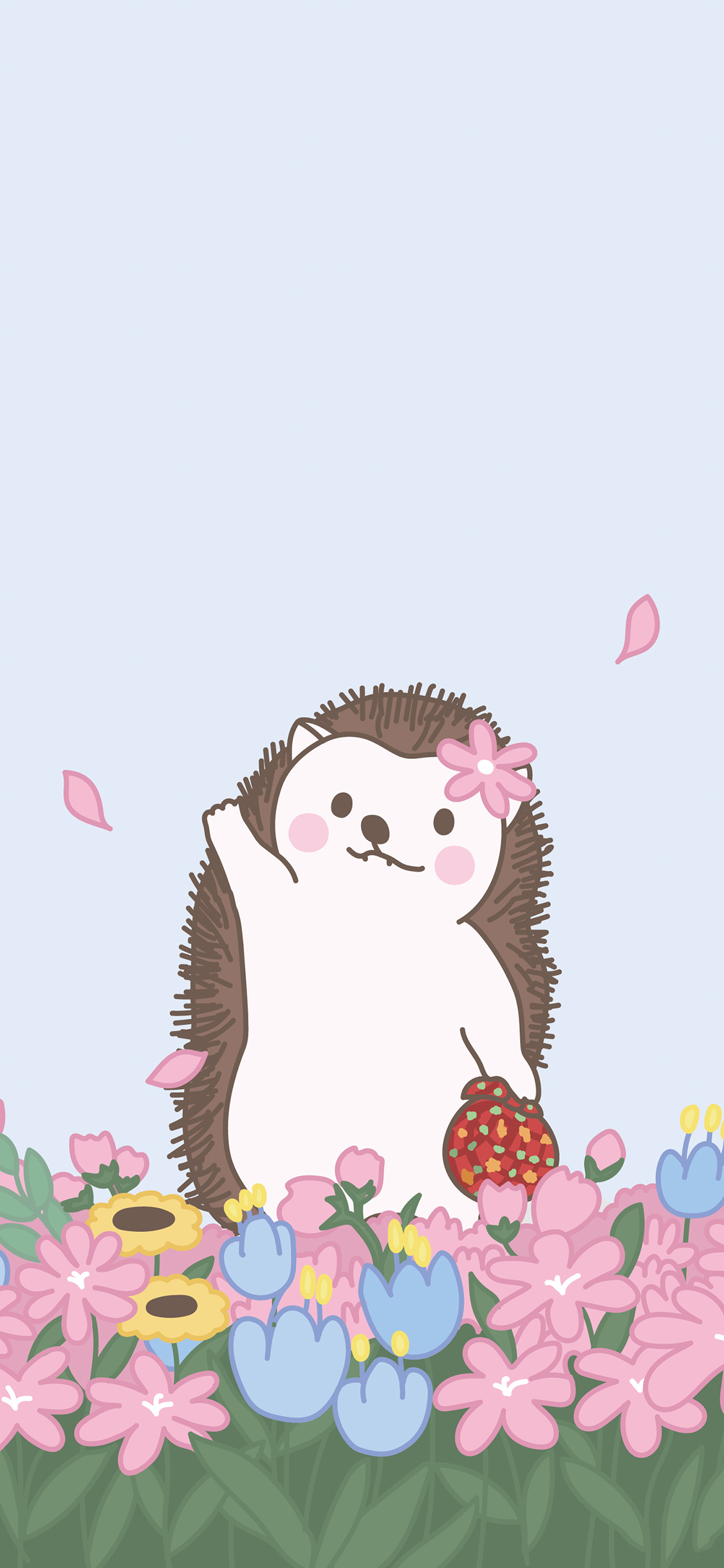 [2436×1125]卡通 小刺猬 鲜花 可爱 苹果手机动漫壁纸图片