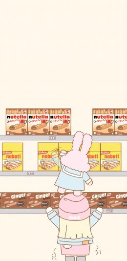 [2436x1125]卡通 小女孩 兔子 背影 零食 苹果手机动漫壁纸图片