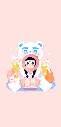 [2436x1125]卡通 小女孩 可爱 大白熊 苹果手机动漫壁纸图片