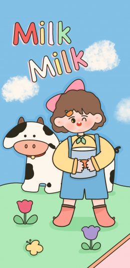 [2436x1125]卡通 小女孩 奶牛 milk（取自微博：请你吃番茄呀） 苹果手机动漫壁纸图片