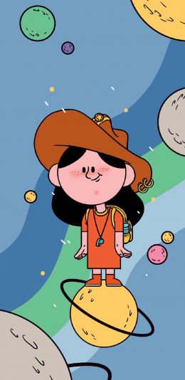 [2436x1125]卡通 小女孩 宇宙 行星 苹果手机动漫壁纸图片