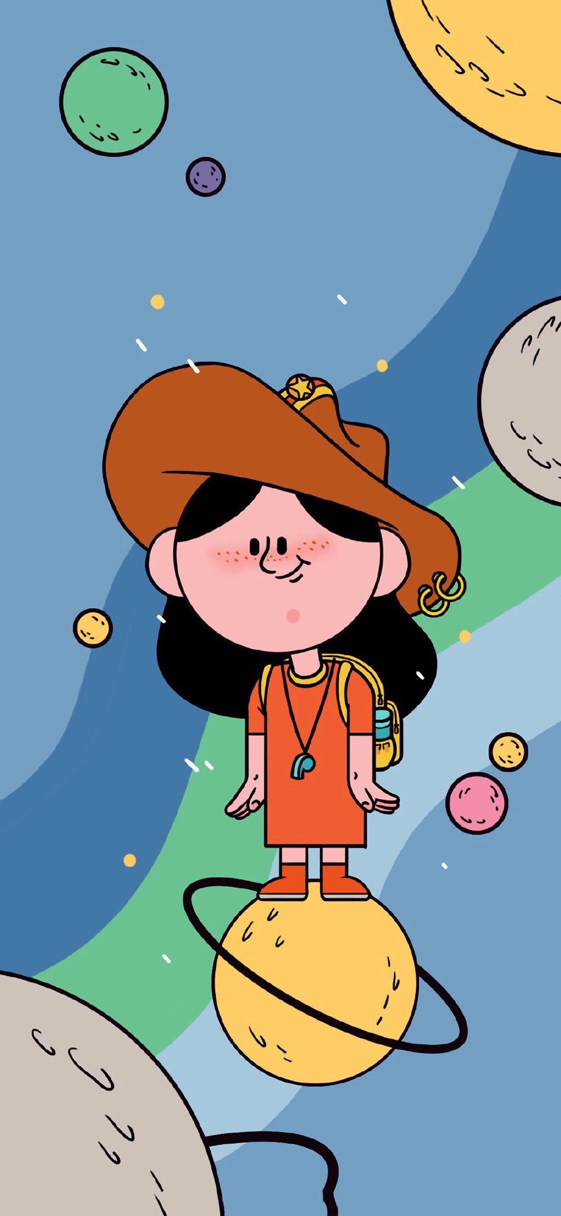 [2436×1125]卡通 小女孩 宇宙 行星 苹果手机动漫壁纸图片