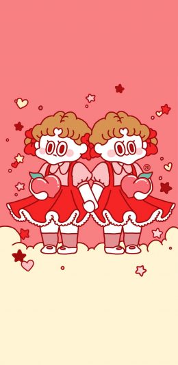[2436x1125]卡通 小女孩 爱心 双胞胎 苹果手机动漫壁纸图片