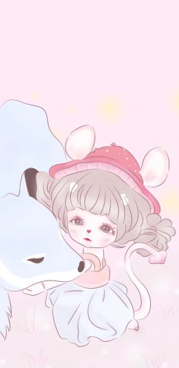 [2436x1125]卡通 小女孩 粉红 狐狸 苹果手机动漫壁纸图片