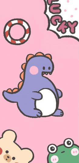 [2436x1125]卡通 小恐龙 lucky 青蛙（取自微博：奶鹿-JUNE） 苹果手机动漫壁纸图片