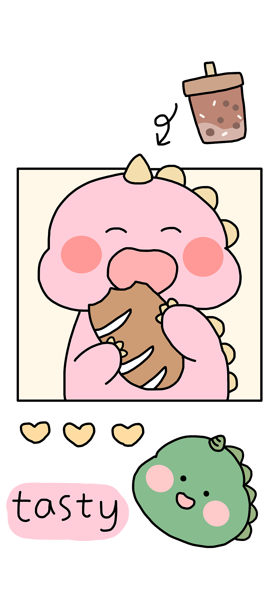 [2436×1125]卡通 小恐龙 奶茶 爱心 苹果手机动漫壁纸图片