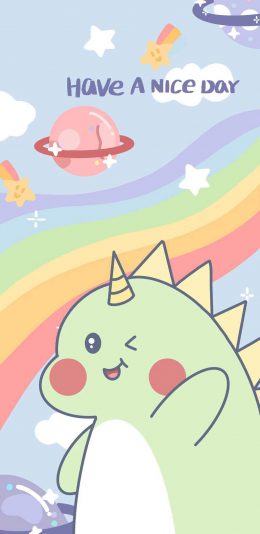 [2436x1125]卡通 小恐龙 彩虹 have a nice day 苹果手机动漫壁纸图片