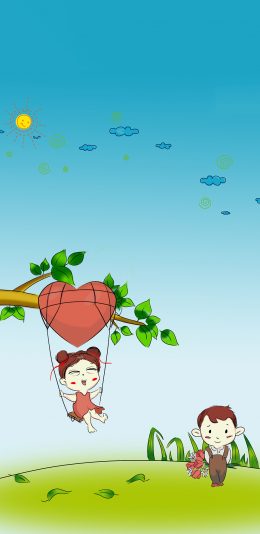 [2436x1125]卡通 小情侣 爱心 秋千 苹果手机动漫壁纸图片
