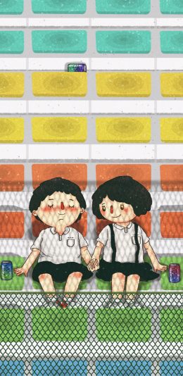 [2436x1125]卡通 小情侣 牵手 爱情 苹果手机动漫壁纸图片