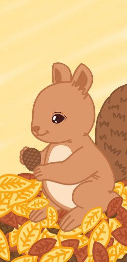 [2436x1125]卡通 小松鼠 松果 落叶 苹果手机动漫壁纸图片