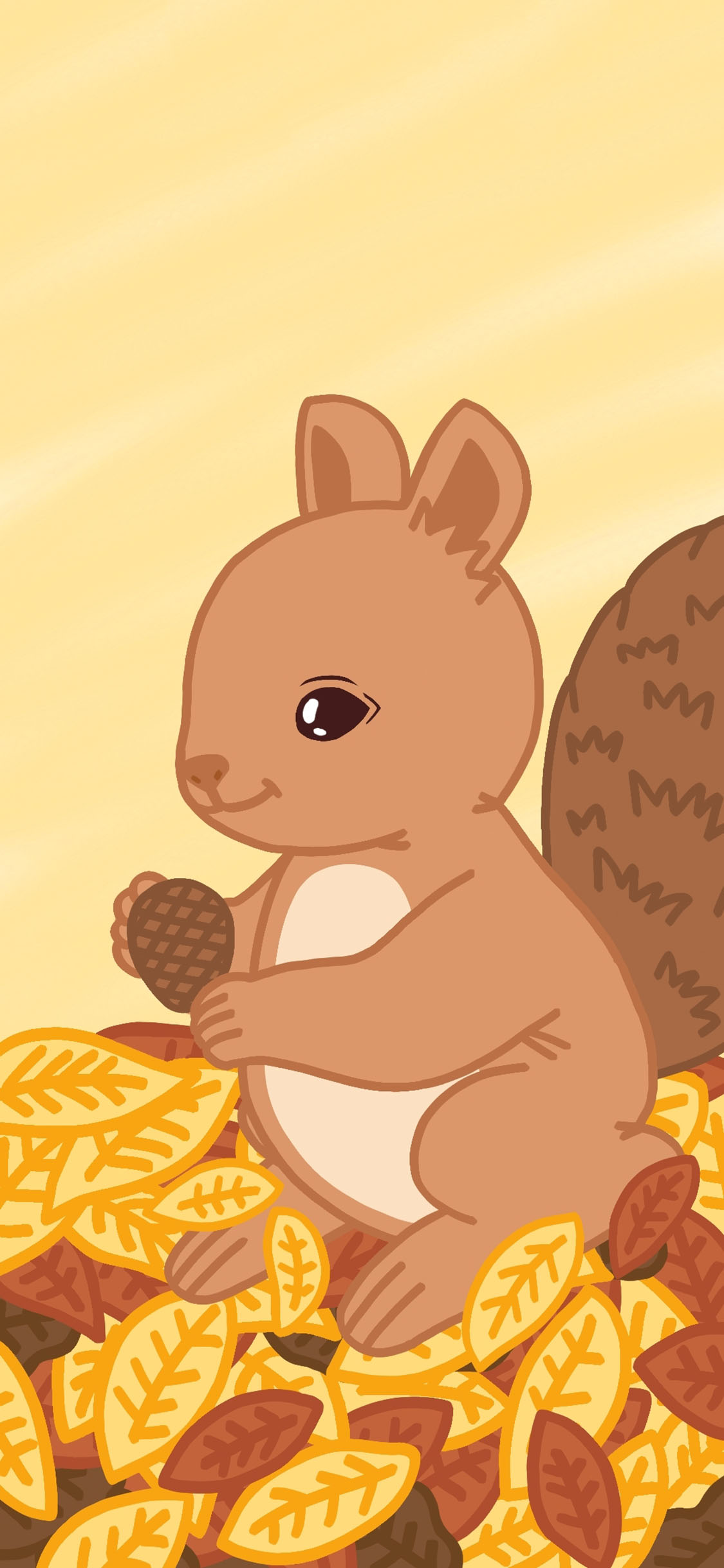 [2436×1125]卡通 小松鼠 松果 落叶 苹果手机动漫壁纸图片