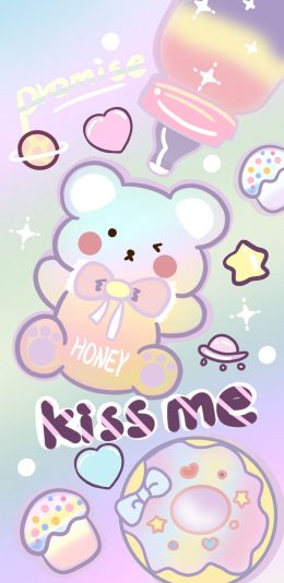 [2436x1125]卡通 小熊 kiss me 苹果手机动漫壁纸图片