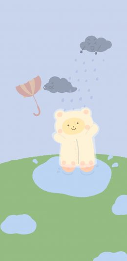 [2436x1125]卡通 小熊 下雨（取自微博：小熊代言人） 苹果手机动漫壁纸图片