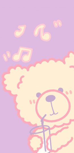 [2436x1125]卡通 小熊 唱歌 粉色背景 苹果手机动漫壁纸图片
