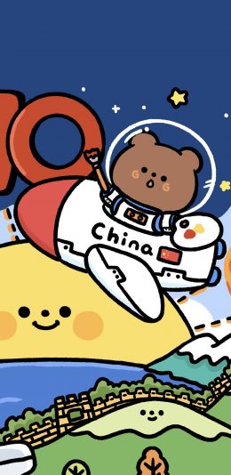 [2436x1125]卡通 小熊 国家 飞机 China（取自微博：小熊奶黄包） 苹果手机动漫壁纸图片