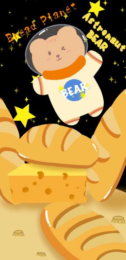 [2436x1125]卡通 小熊 太空 面包 奶酪 苹果手机动漫壁纸图片