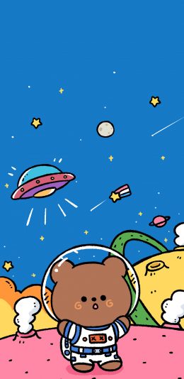 [2436x1125]卡通 小熊 宇航员 飞碟 苹果手机动漫壁纸图片