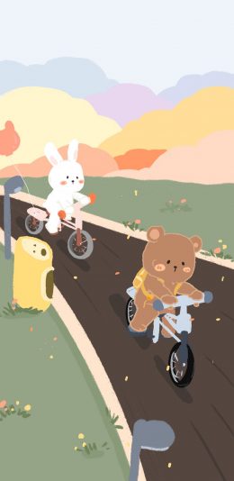 [2436x1125]卡通 小熊 小兔子 自行车 苹果手机动漫壁纸图片