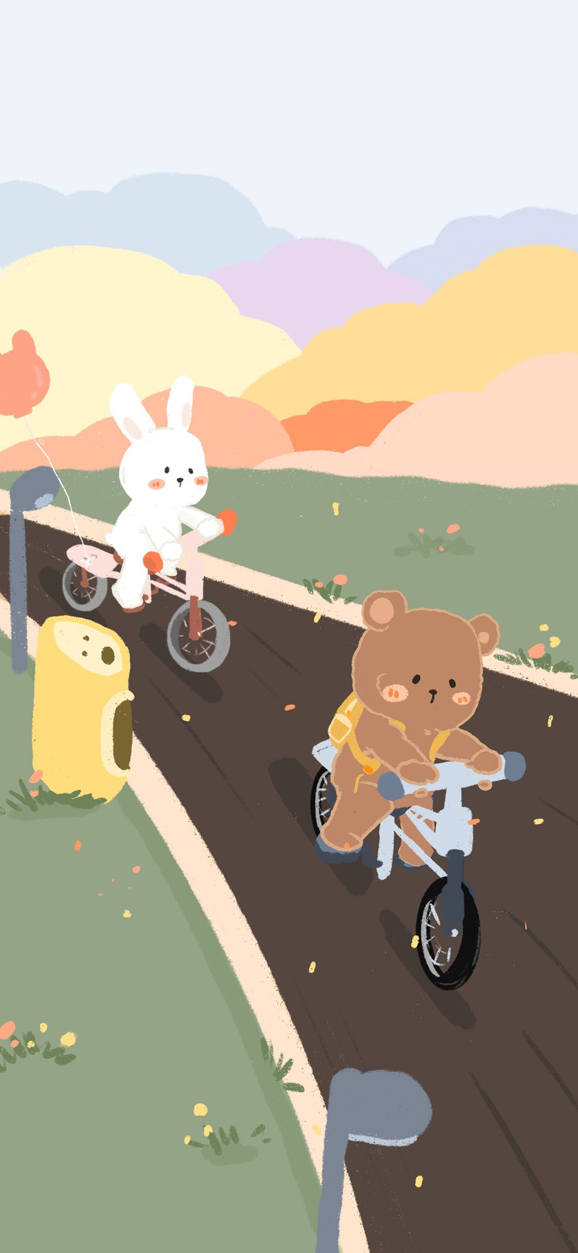 [2436×1125]卡通 小熊 小兔子 自行车 苹果手机动漫壁纸图片