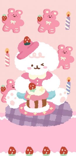[2436x1125]卡通 小熊 小狗 蛋糕 粉色系 苹果手机动漫壁纸图片