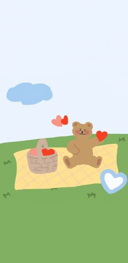 [2436x1125]卡通 小熊 插图 爱心 苹果手机动漫壁纸图片