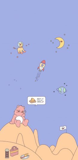 [2436x1125]卡通 小熊 月亮 火箭 苹果手机动漫壁纸图片