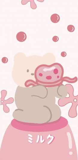 [2436x1125]卡通 小熊 水母 粉色 苹果手机动漫壁纸图片