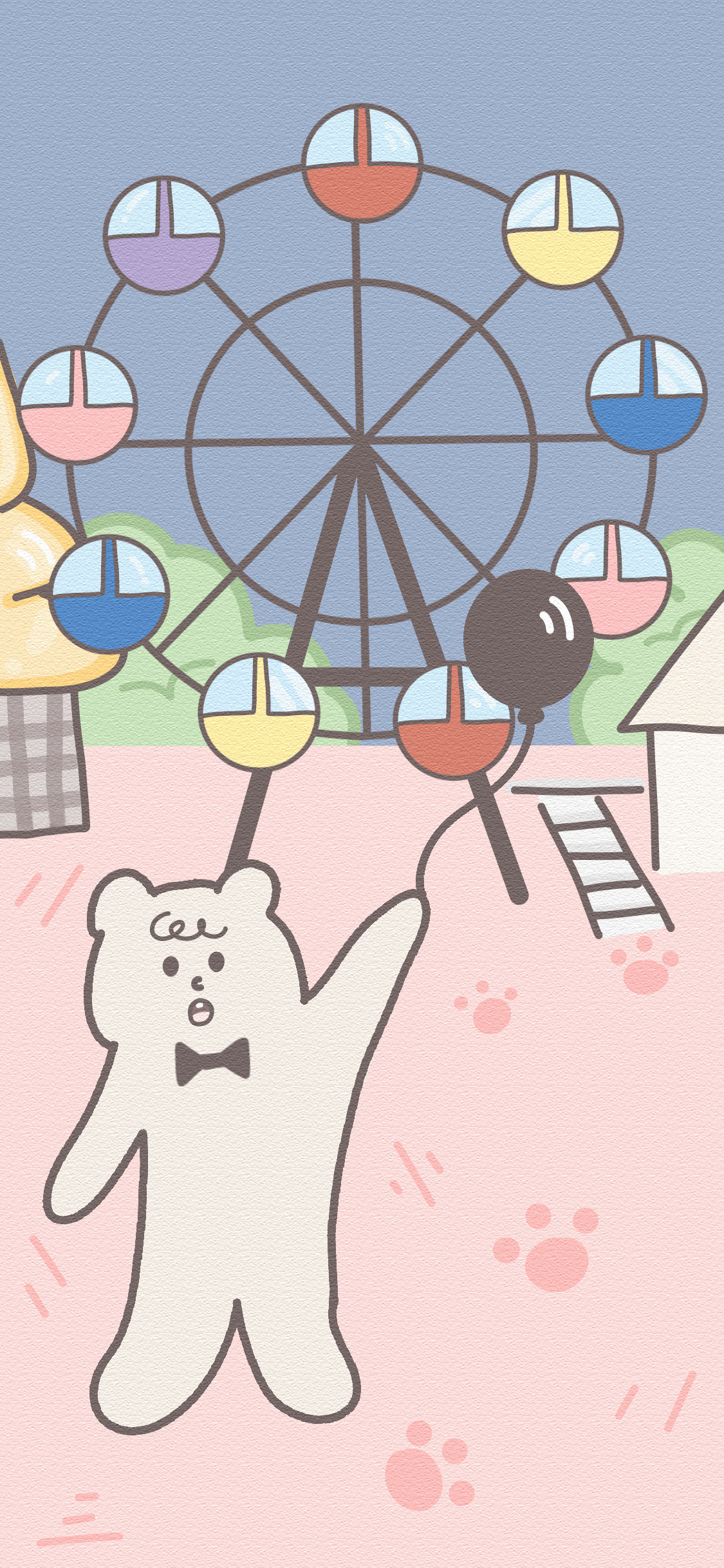 [2436×1125]卡通 小熊 游乐园 摩天轮 苹果手机动漫壁纸图片