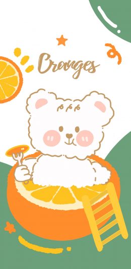 [2436x1125]卡通 小熊 白色 橙子 可爱 苹果手机动漫壁纸图片