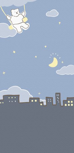 [2436x1125]卡通 小熊 秋千 可爱（取自微博：806号收信人） 苹果手机动漫壁纸图片