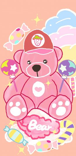[2436x1125]卡通 小熊 粉色 棒棒糖 苹果手机动漫壁纸图片