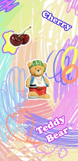 [2436x1125]卡通 小熊 车厘子 Teddy bear 苹果手机动漫壁纸图片