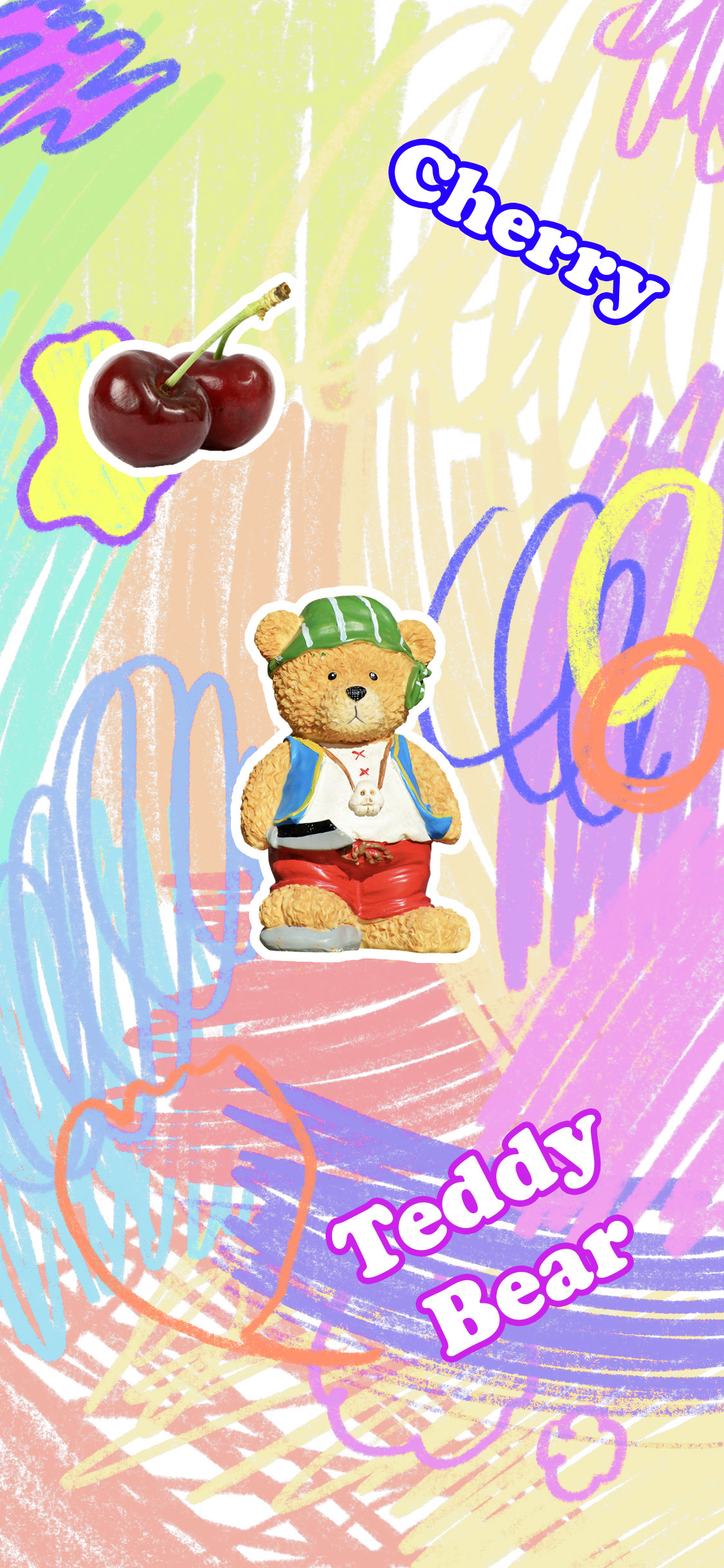 [2436×1125]卡通 小熊 车厘子 Teddy bear 苹果手机动漫壁纸图片