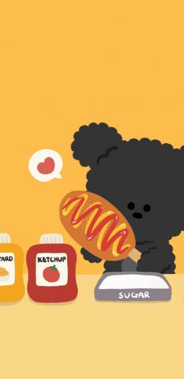 [2436x1125]卡通 小狗 吃热狗 爱心 苹果手机动漫壁纸图片